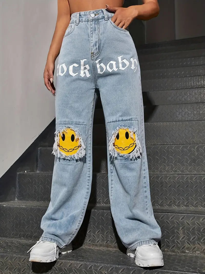 Jeans Rectos de Denim de Cintura Alta en Azul Claro para Mujer Y2K