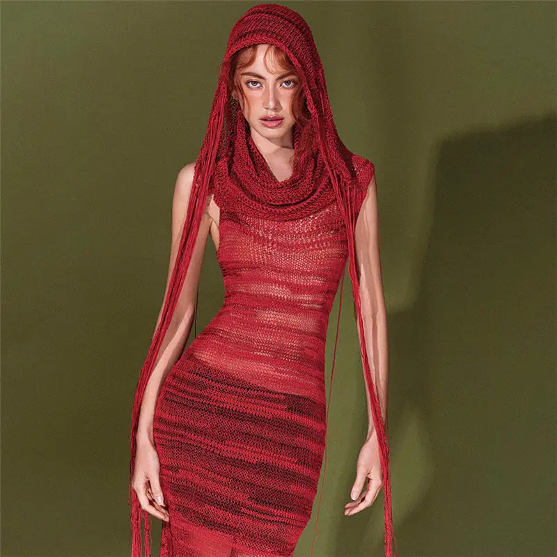 Vestido de Punto con Capucha y Estilo Delgado