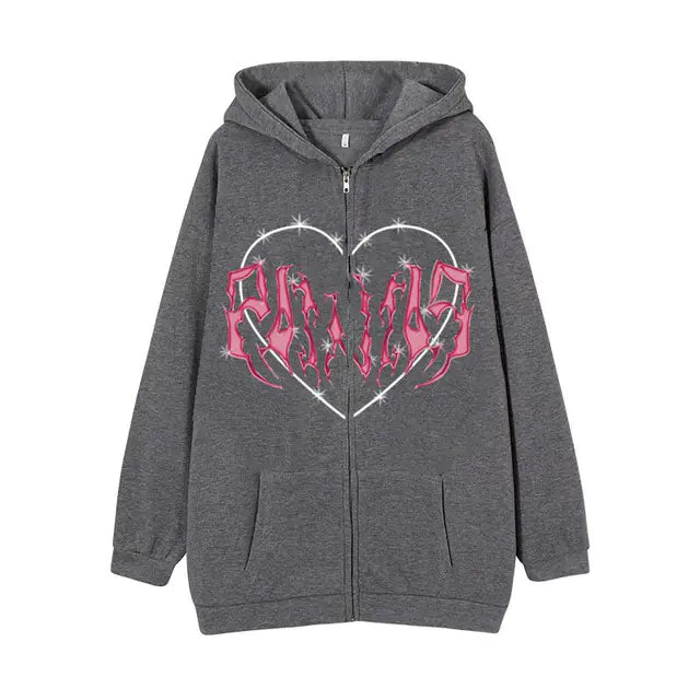 Sudadera Y2K con Cremallera y Estampado de Corazón