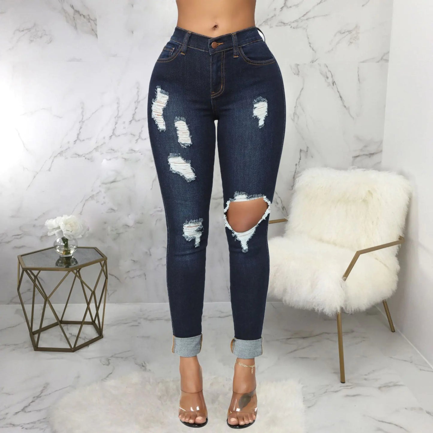Pantalones de Moda de Denim Elástico de Cintura Alta