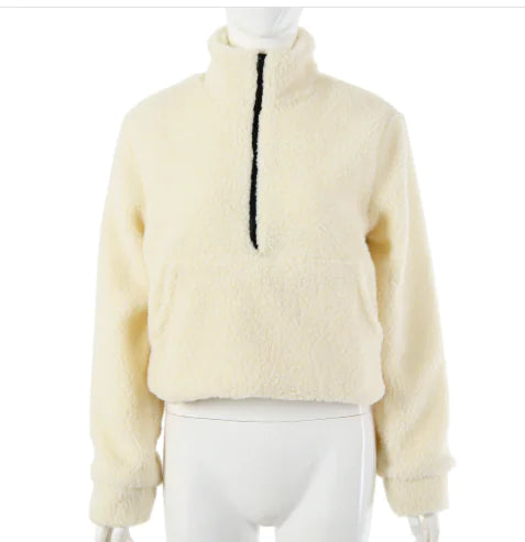 Solid Color Plush High Neck Zip-Up Hoodie with Pockets