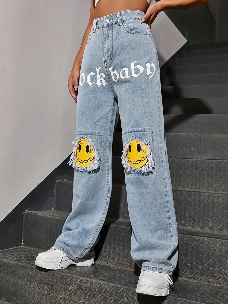 Jeans Rectos de Denim de Cintura Alta en Azul Claro para Mujer Y2K