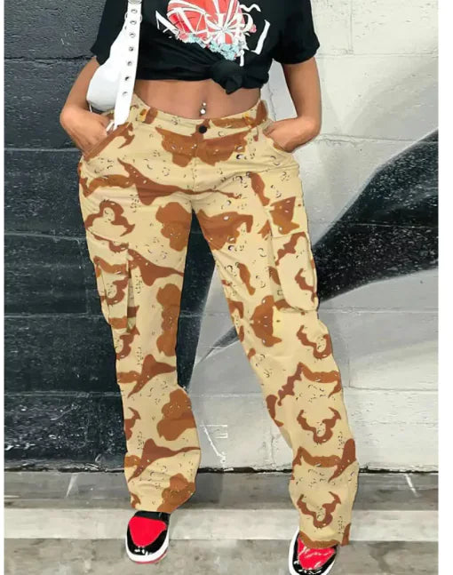 Pantalones Cargo Camuflados de Corte Recto y Cintura Alta