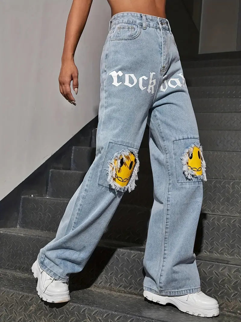Jeans Rectos de Denim de Cintura Alta en Azul Claro para Mujer Y2K