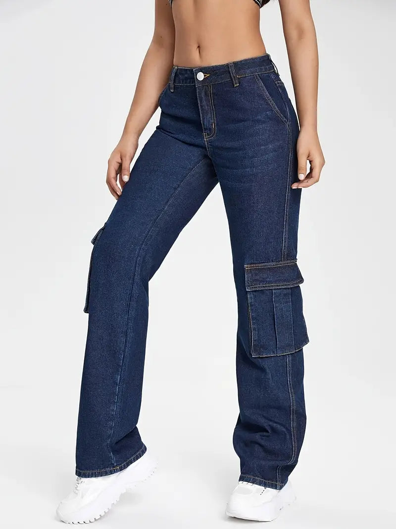 Pantalones Cargo de Denim Azul Oscuro para Mujer Y2K - Corte Holgado