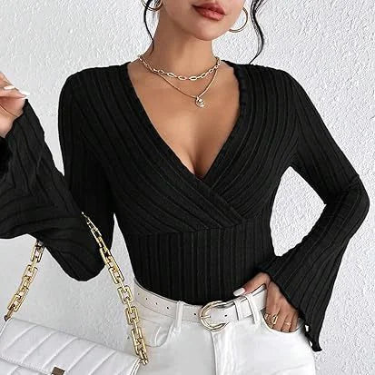 Suéter de Canalé con Rayas Hundidas – Escote en V