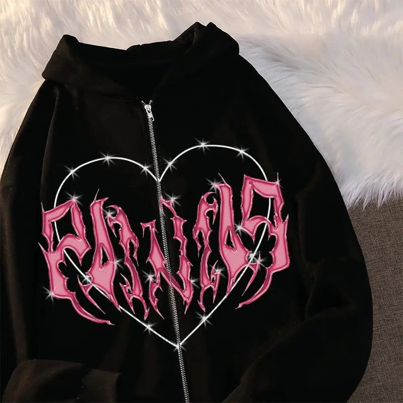 Sudadera Y2K con Cremallera y Estampado de Corazón