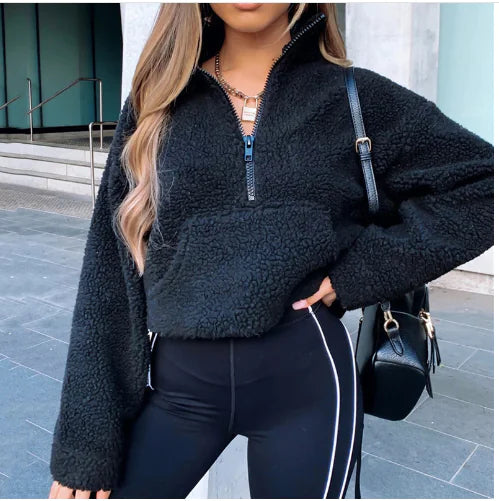 Solid Color Plush High Neck Zip-Up Hoodie with Pockets