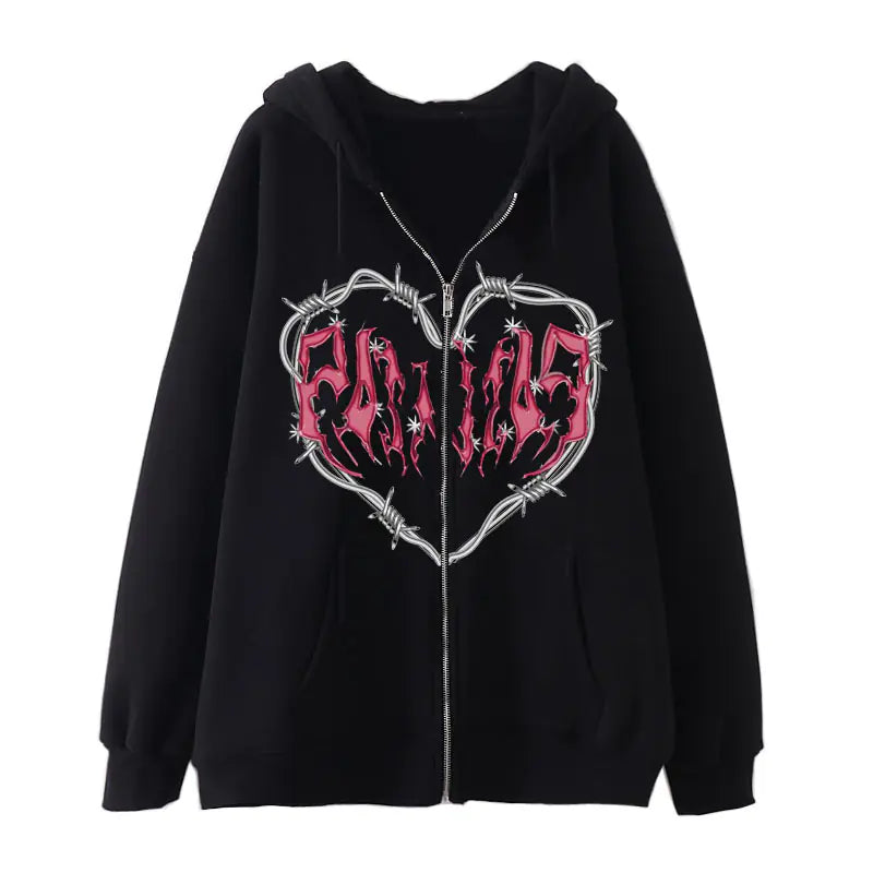 Sudadera Y2K con Cremallera y Estampado de Corazón
