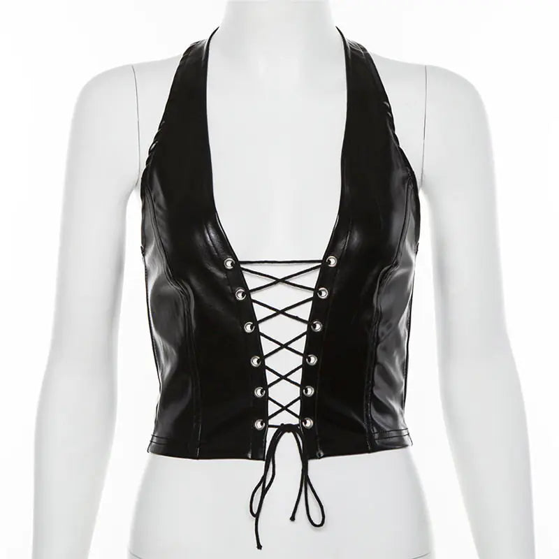 Top Corto Halter de Cuero PU Negro – Sexy y Sin Espalda