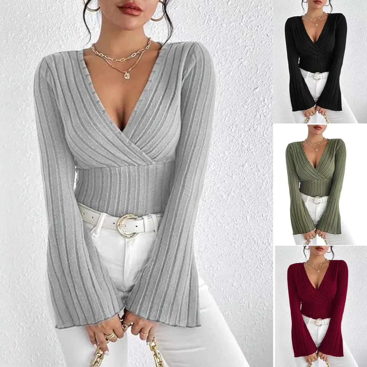 Suéter de Canalé con Rayas Hundidas – Escote en V