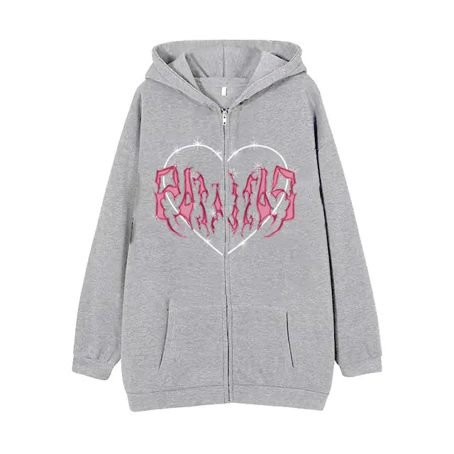Sudadera Y2K con Cremallera y Estampado de Corazón