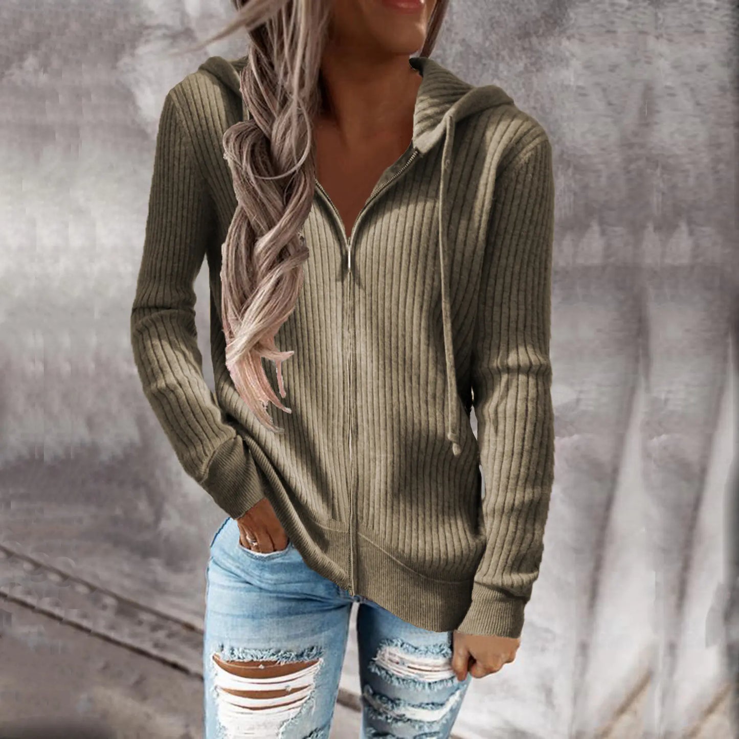 Cardigan Casual con Cremallera y Capucha