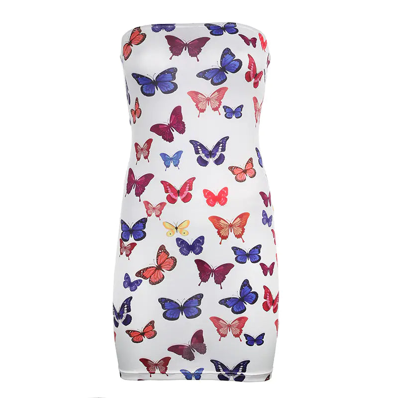 Vestido Sin Tirantes con Estampado de Mariposas