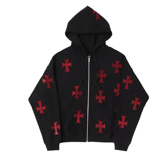 Sudadera con Capucha y Cremallera de Estrás en Forma de Cruz