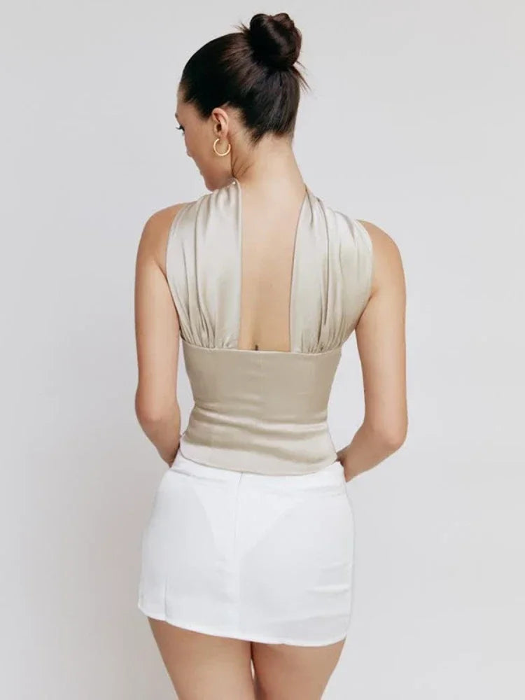 Tops Cortos de Satén Sin Espalda con Cuello Halter