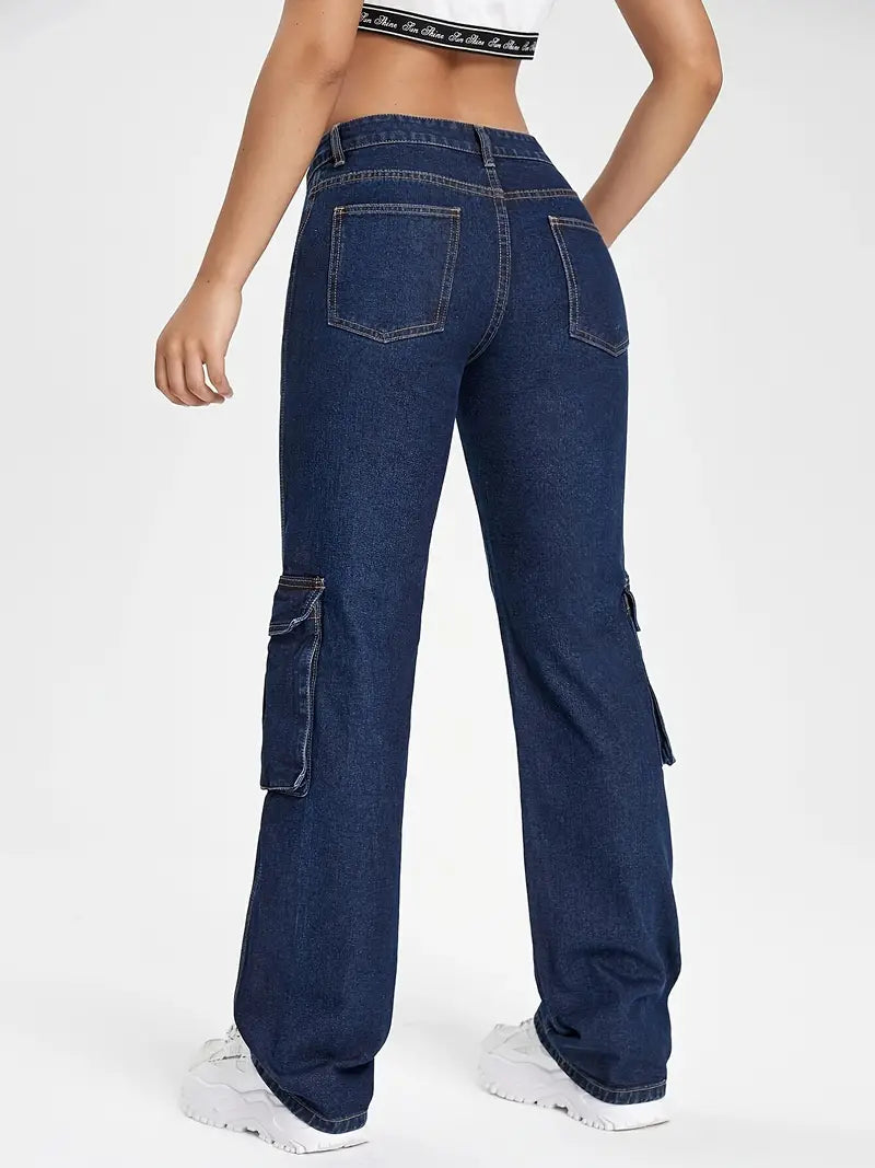Pantalones Cargo de Denim Azul Oscuro para Mujer Y2K - Corte Holgado