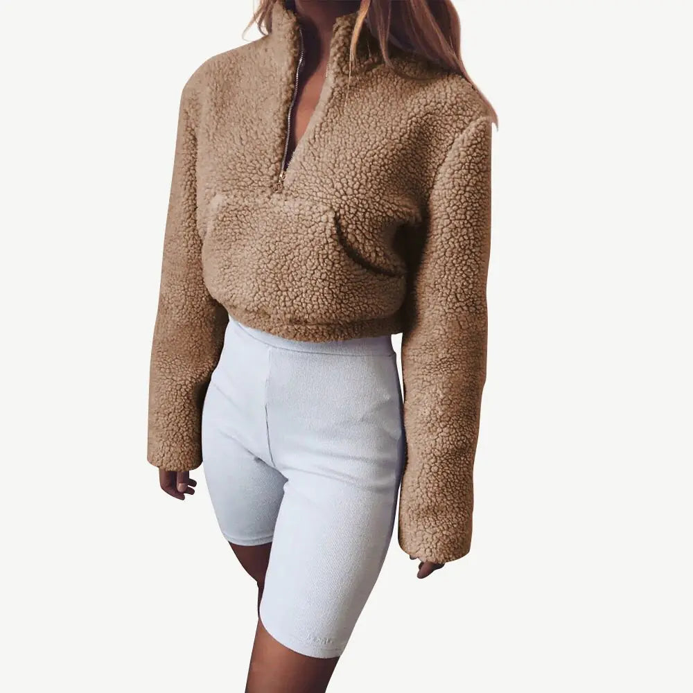 Solid Color Plush High Neck Zip-Up Hoodie with Pockets