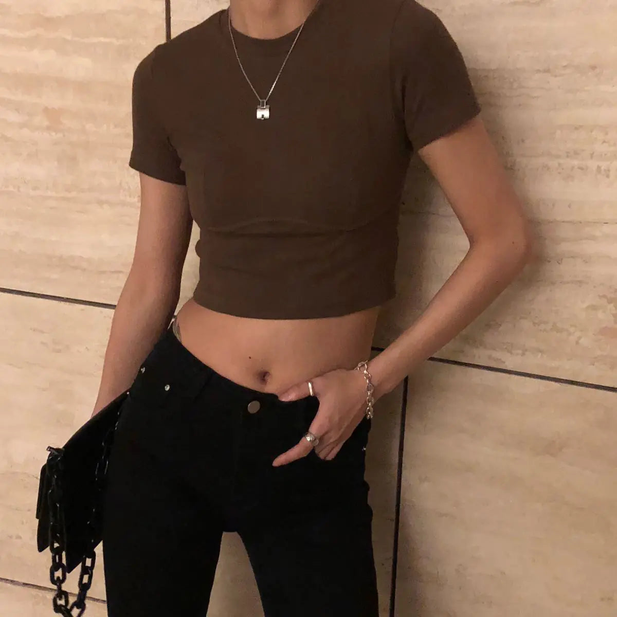 Women's Slim Fit Knitted Crop Top T-Shirt
