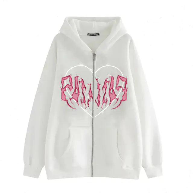 Sudadera Y2K con Cremallera y Estampado de Corazón