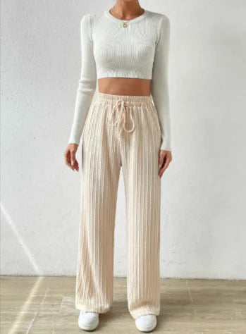 Pantalones de Punto de Pierna Ancha con Cintura Anudada