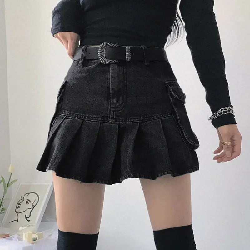 Falda Plisada de Denim de Cintura Alta