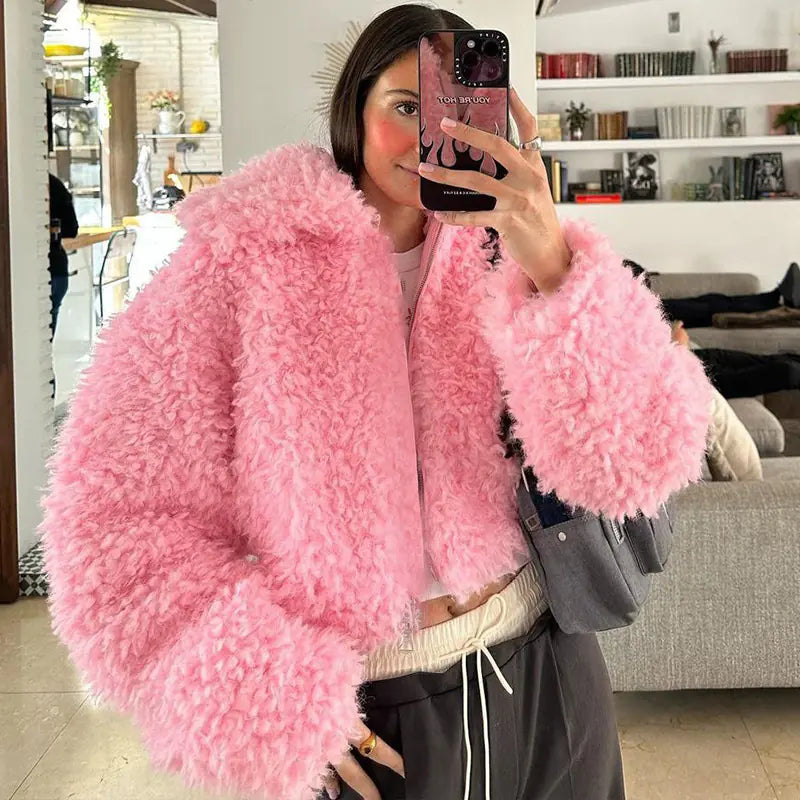 Chaqueta Corta de Felpa Rosa - Moda Y2K