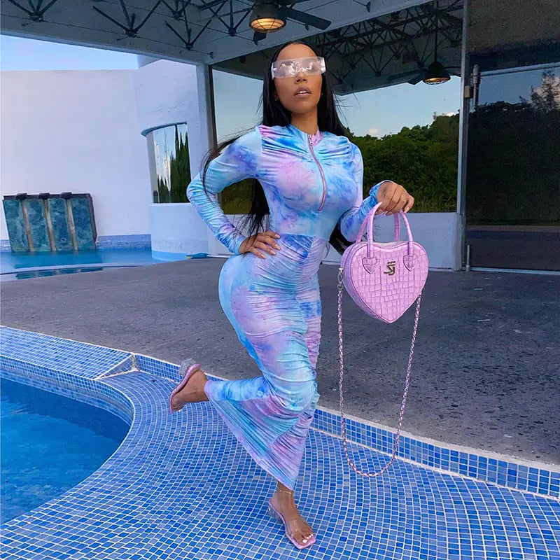 Vestido Bodycon de Manga Larga con Estampado Digital Otoña