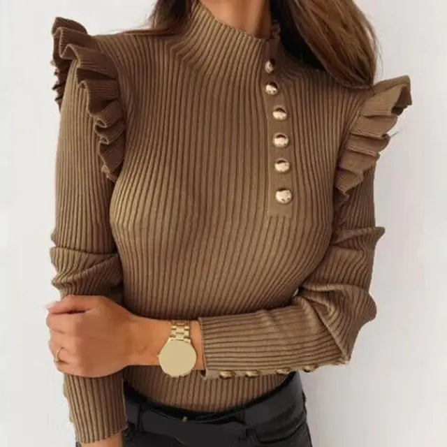 Suéter Tejido de Cuello Alto – Detalles con Volantes