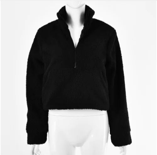 Solid Color Plush High Neck Zip-Up Hoodie with Pockets