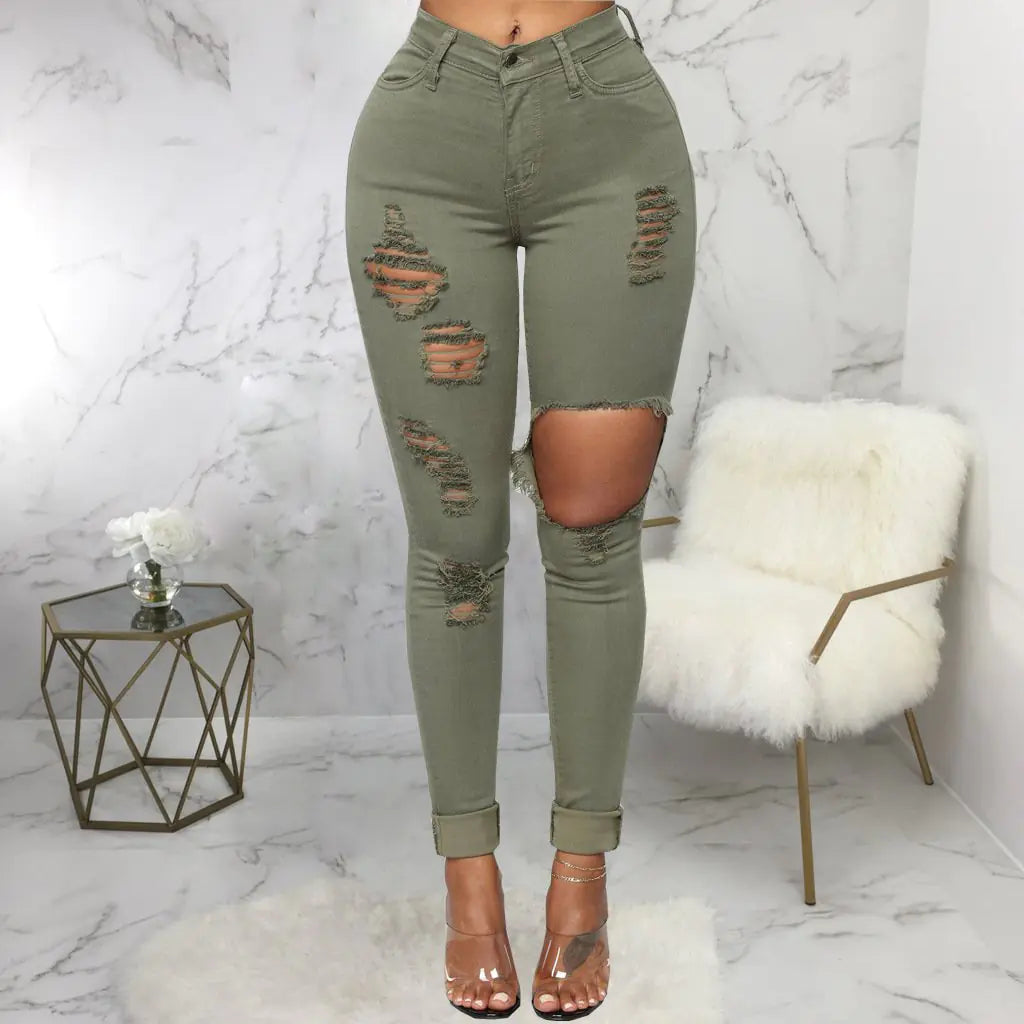 Pantalones de Moda de Denim Elástico de Cintura Alta