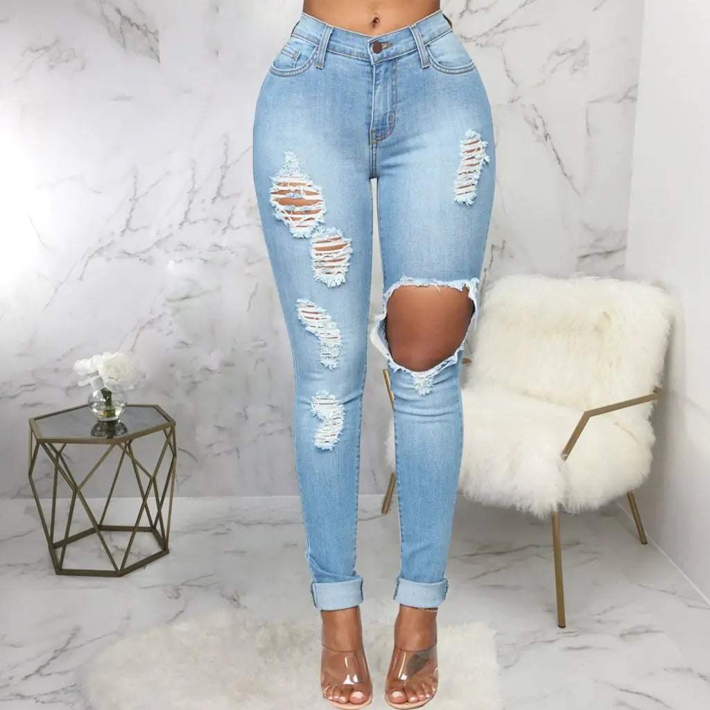 Pantalones de Moda de Denim Elástico de Cintura Alta