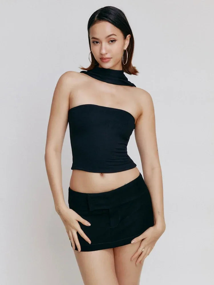 Tops Cortos de Satén Sin Espalda con Cuello Halter