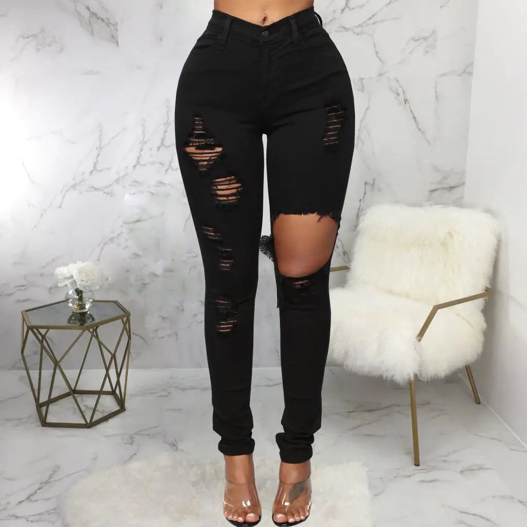 Pantalones de Moda de Denim Elástico de Cintura Alta