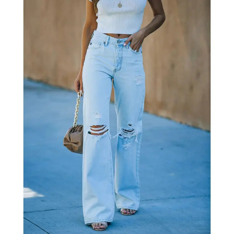 Ladies Washed Ripped Wide-leg Denim Trousers