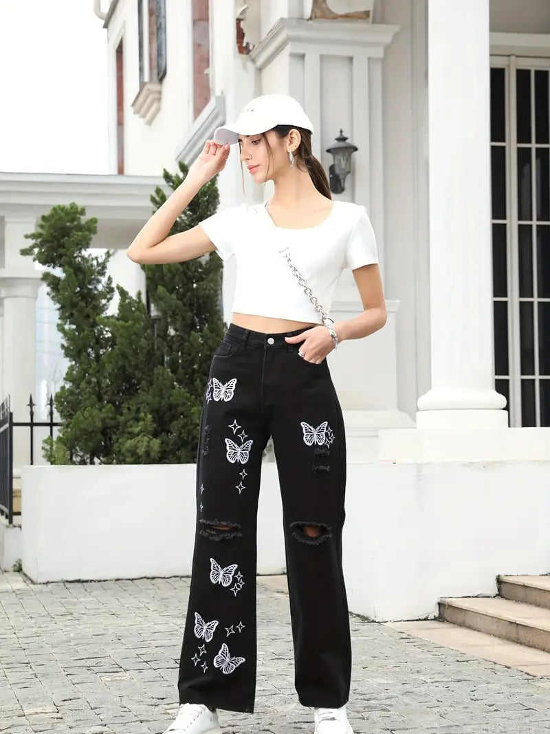 Jeans Y2K con Mariposas y Efecto Desgastado
