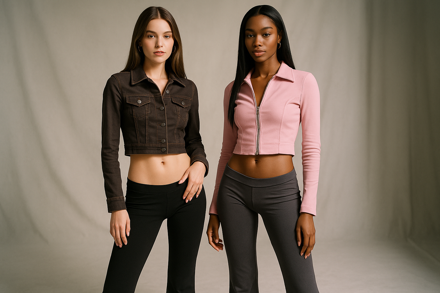 Genera una imagen que aparezcan dos modelos con ropa estilo de los años 2000, leggins de cintura baja y pierna ancha, y de arriba una chaqueta ajustada