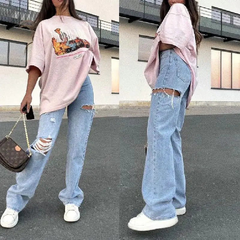 Jeans Rectos Lavados y Rasgados para Mujer