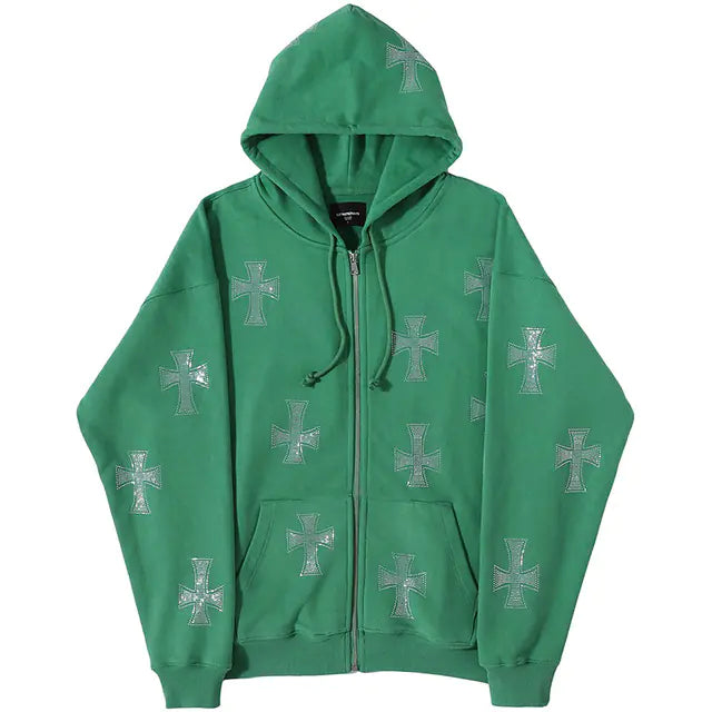 Sudadera con Capucha y Cremallera de Estrás en Forma de Cruz