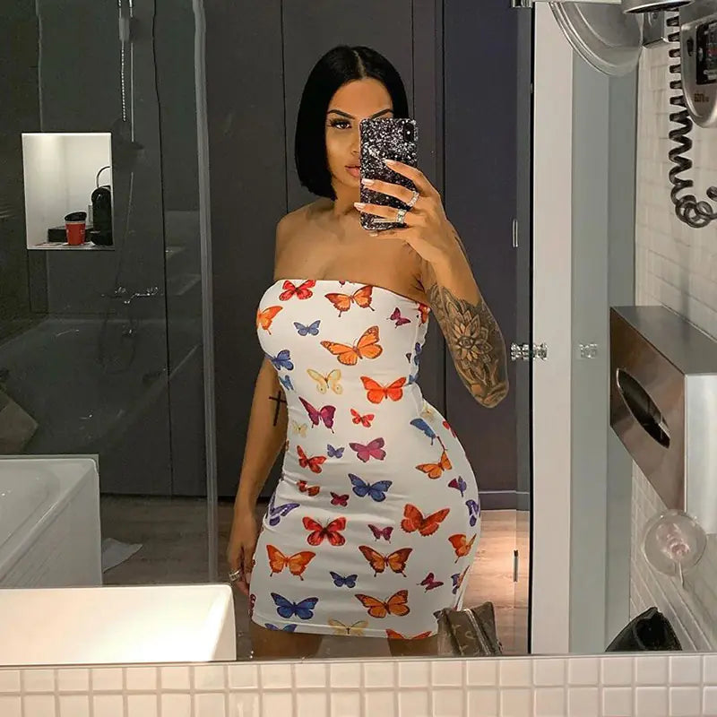 Vestido Sin Tirantes con Estampado de Mariposas