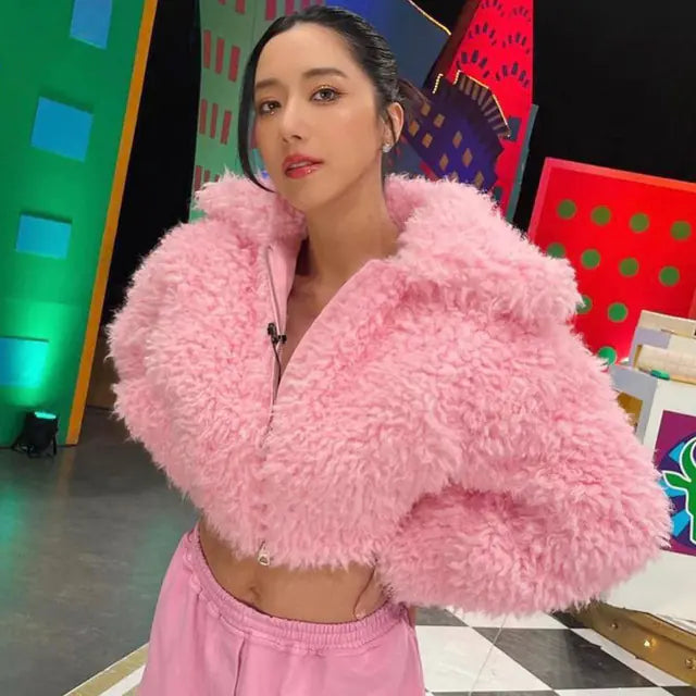 Chaqueta Corta de Felpa Rosa - Moda Y2K