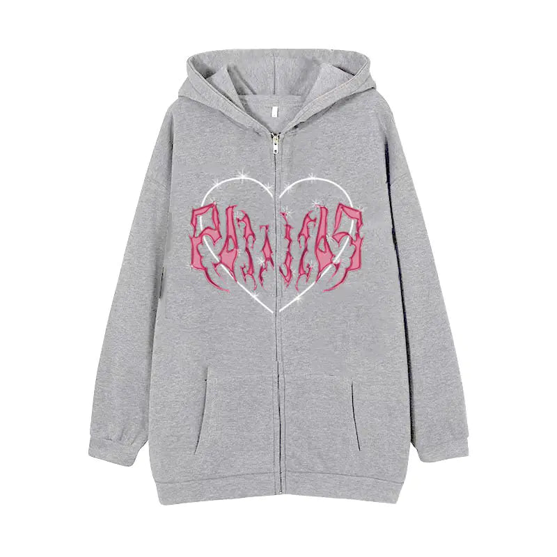 Sudadera Y2K con Cremallera y Estampado de Corazón