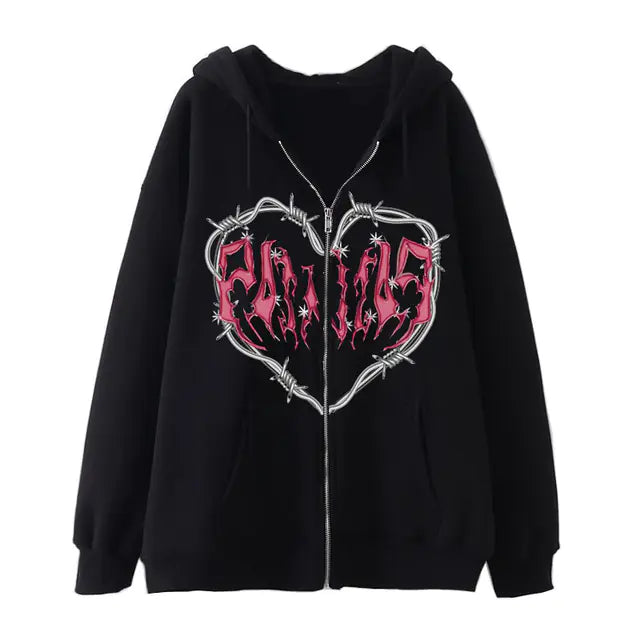 Sudadera Y2K con Cremallera y Estampado de Corazón