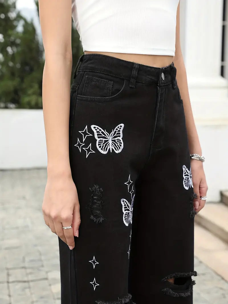 Jeans Y2K con Mariposas y Efecto Desgastado