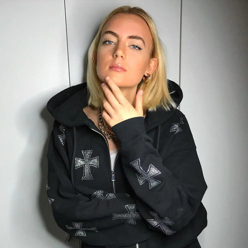 Sudadera con Capucha y Cremallera de Estrás en Forma de Cruz