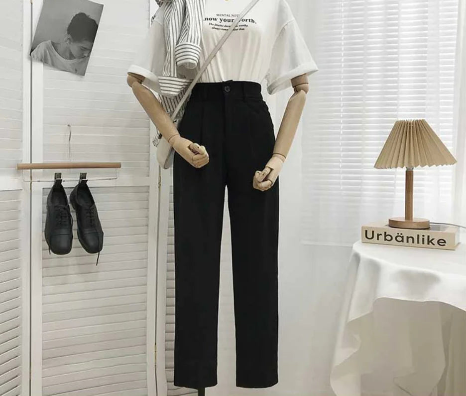 Pantalones Negros Sueltos y Ajustados de Talle Alto para Mujer