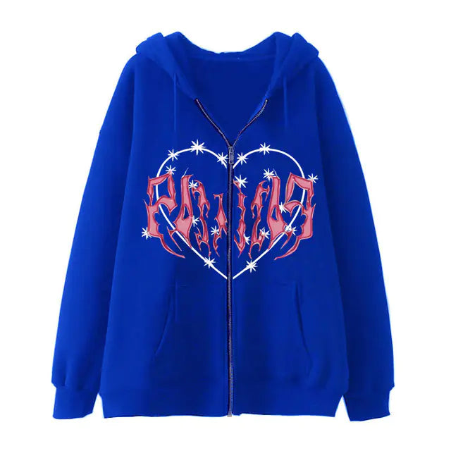 Sudadera Y2K con Cremallera y Estampado de Corazón