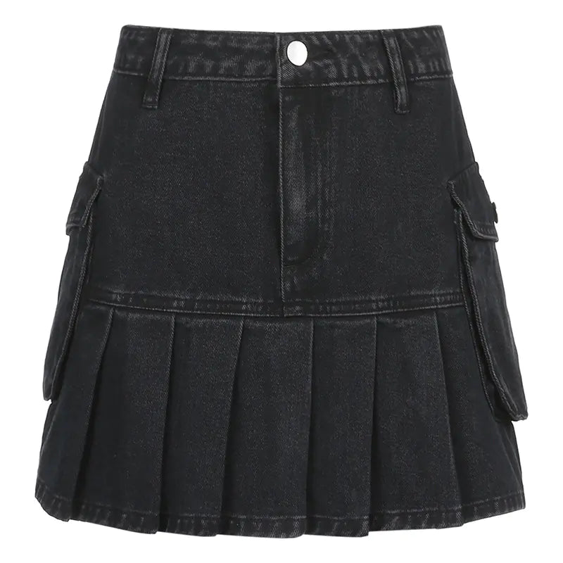 Falda Plisada de Denim de Cintura Alta