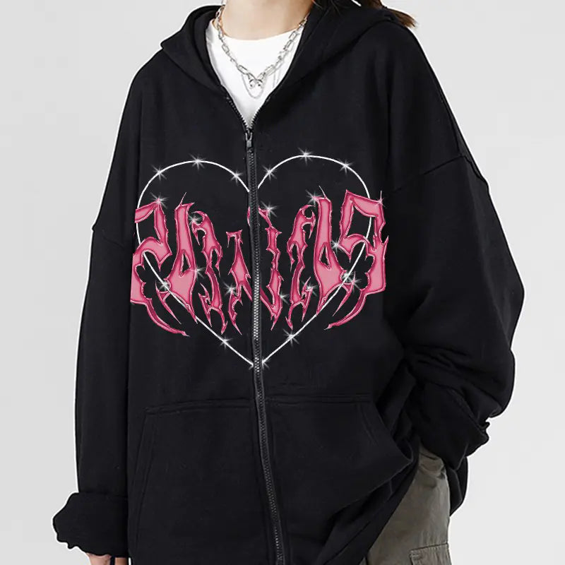 Sudadera Y2K con Cremallera y Estampado de Corazón