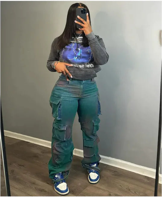 Jeans Cargo Tie-Dye de Cintura Alta